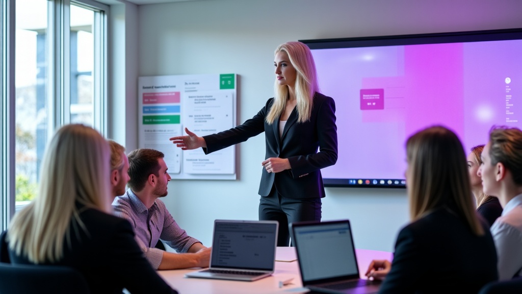 Carly Woods presenting to a group of business professionals in a boardroom with laptops open, discussing AI operations